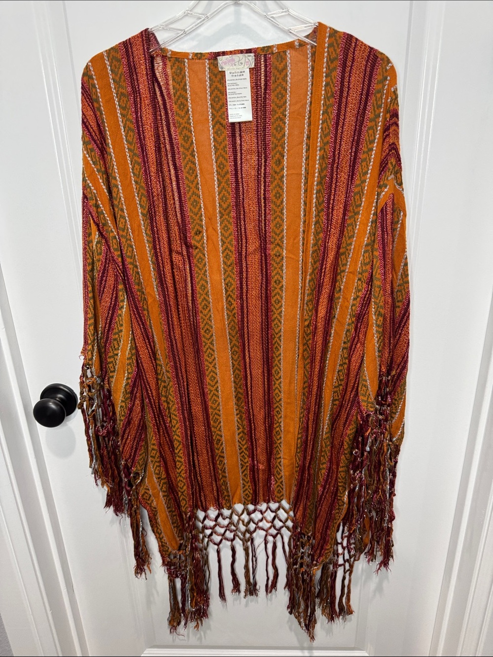 Free People Striped Fringed Open-Front Poncho in Mustard and Burgundy